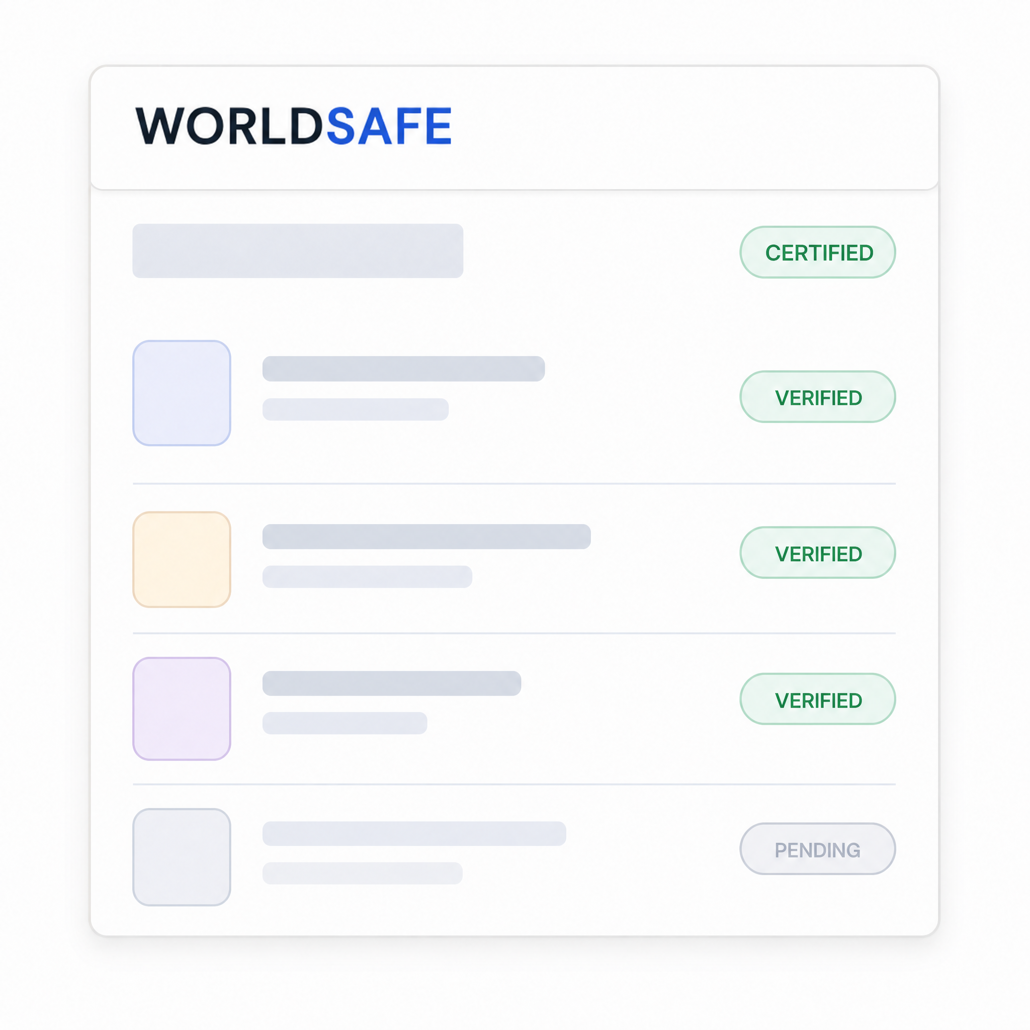 A WorldSafe Certified directory listing showing vendors marked Certified and Verified, with one entry Pending.